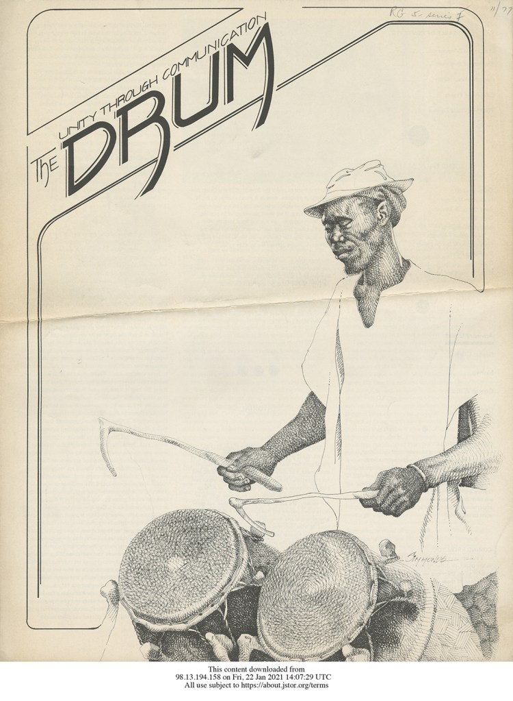 Unity Through Communication. The Drum. A cross-hatched illustration of a man playing two drums with sticks.