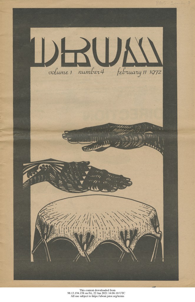 Drum Volume 1, Number 4, February 11, 1972. Two hands playing a drum.
