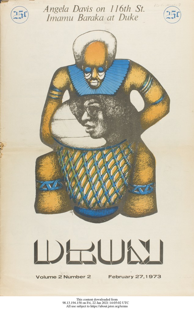 An abstract figure playing a drum with Angela Davis superimposed on the surface. Drum Volume 2 Number 2, Designed by Connie Harold.