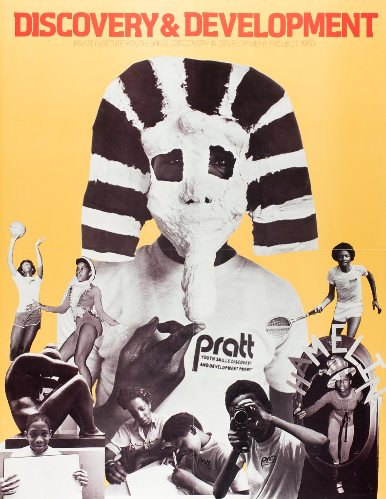 Discovery & Development. Collage of photographs with Child wearing a paper mache mask, circa 1980, IX External Affairs, Publications and Announcements.