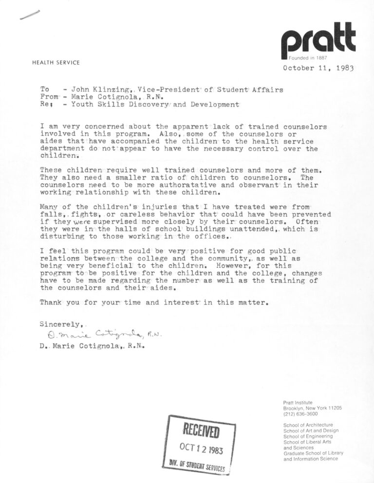 1983 letter from Marie Cotignola, R.N. to the Vice President of Student Affairs, John Klinzing, indicating concern about the "apparent lack of trained counselors involved in this [youth] program"