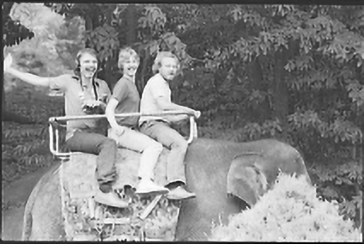 Three people riding on top of an elephant