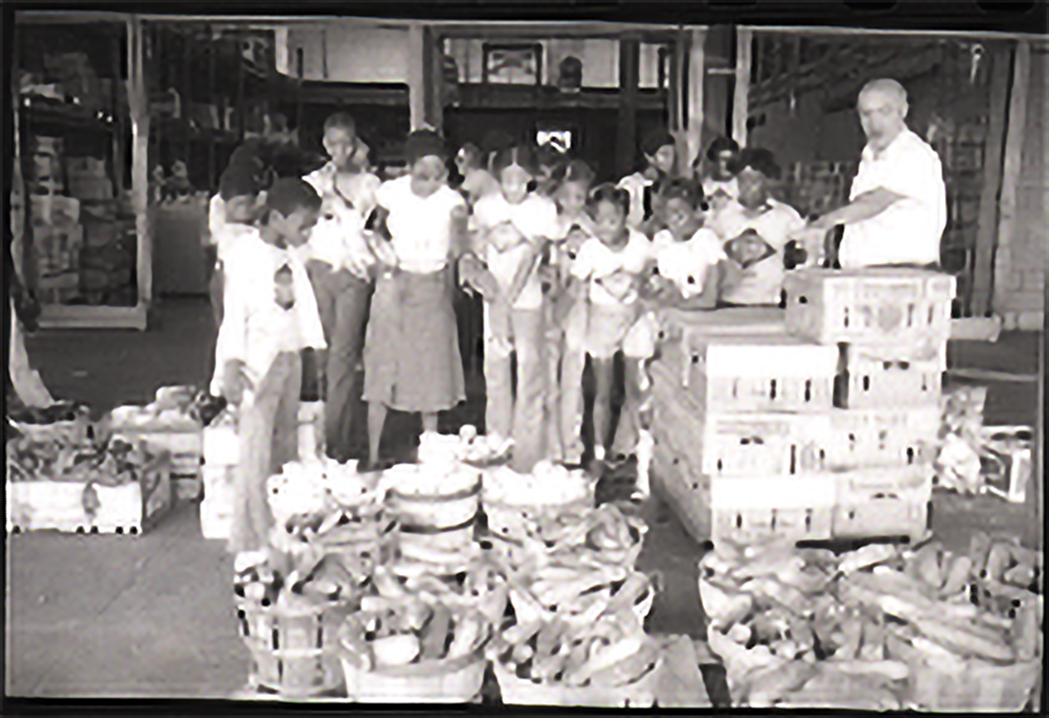 Students surrounded by bins of food at Hunt's point market.